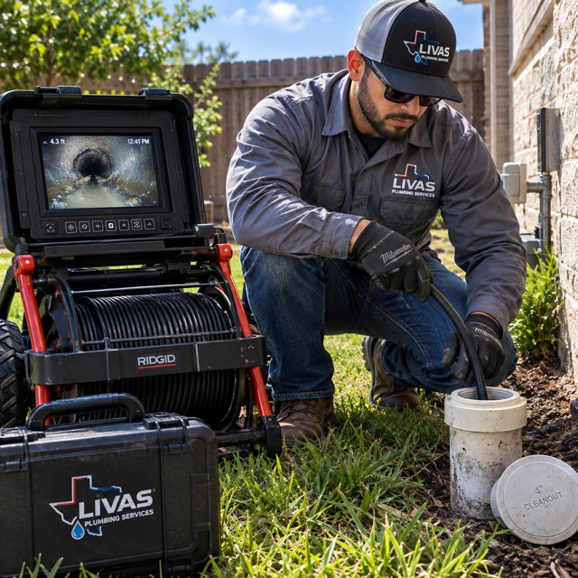 Camera in the line by Livas Contracting Services, Katy TX: Sewer camera fed in through the cleanout, live picture of the pipe on the monitor